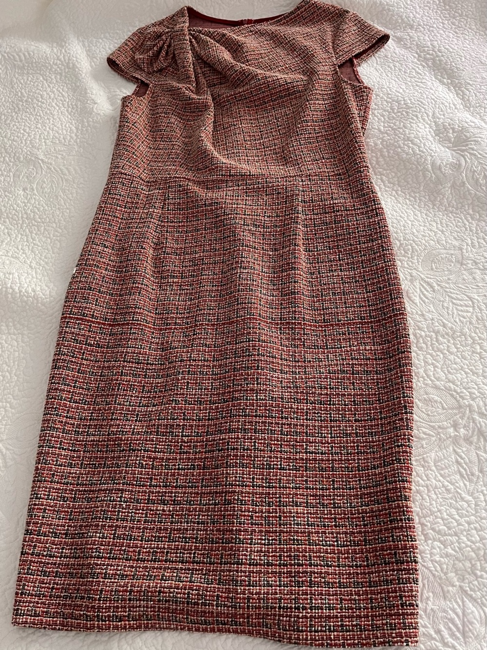 Textured Tweed Shift Dress in Coral and Black